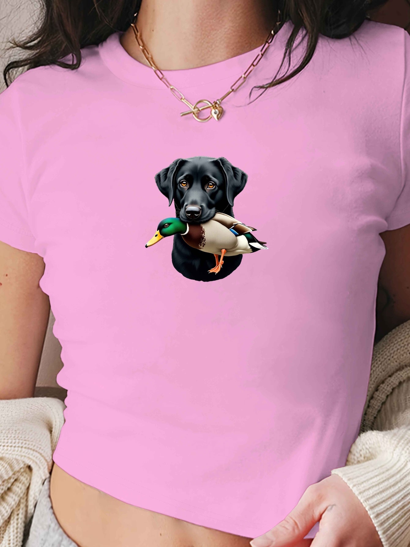 Svart labrador med and, kort t-shirt för dam, 3 färger, S-XXL