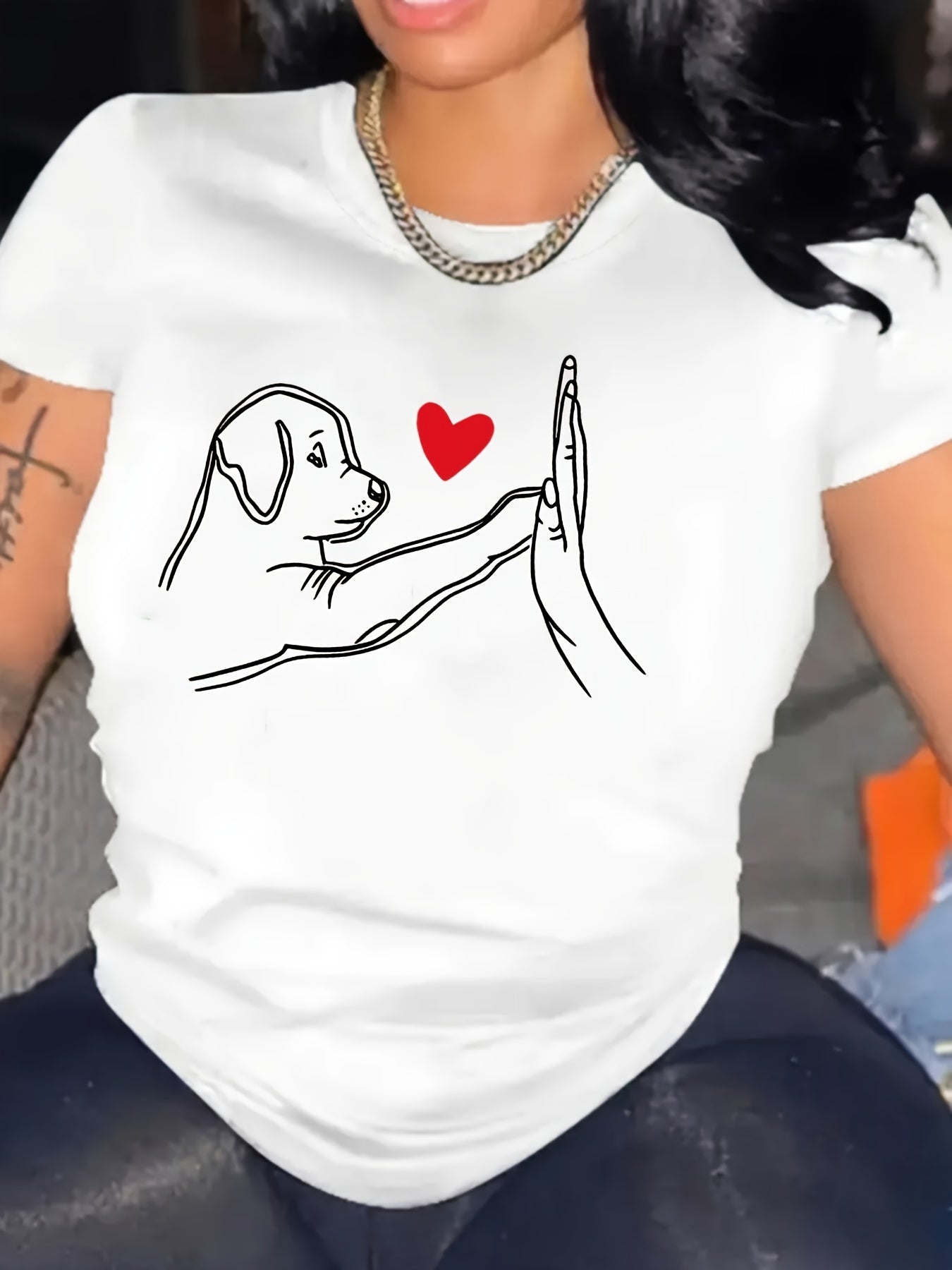 Kortärmad T-shirt men Hundtryck , S-XXL, Vit