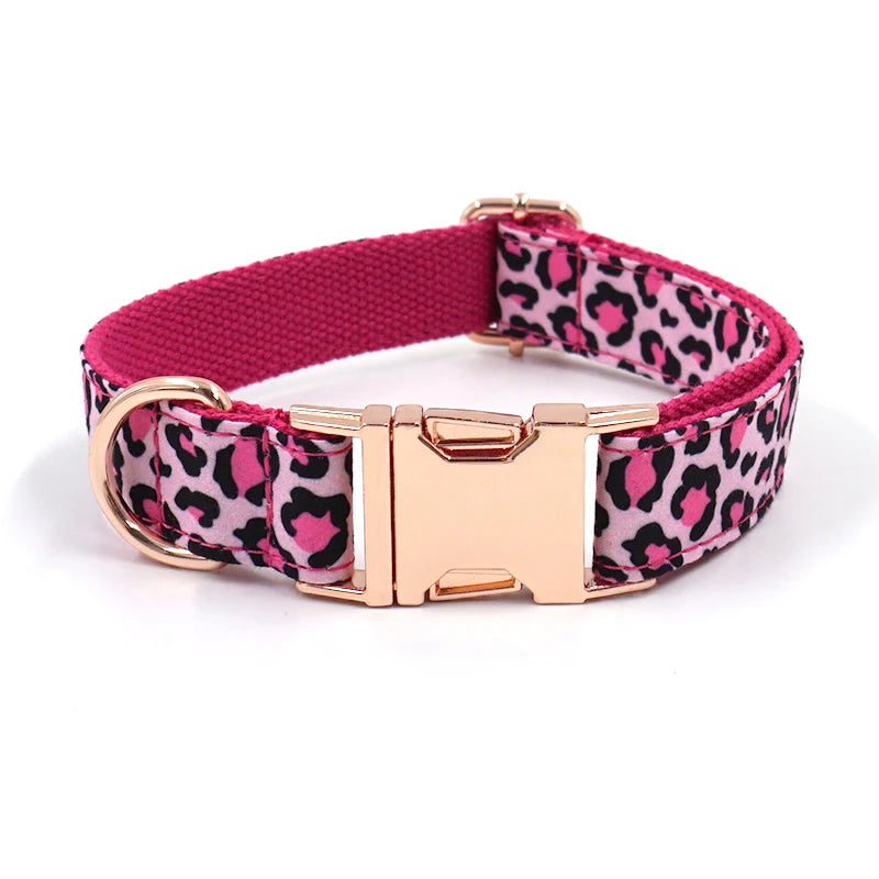 Hundsele, Koppel, Halsband, Fluga, Påsväska -set, Leopardmönster , Personligt namn ingraverat