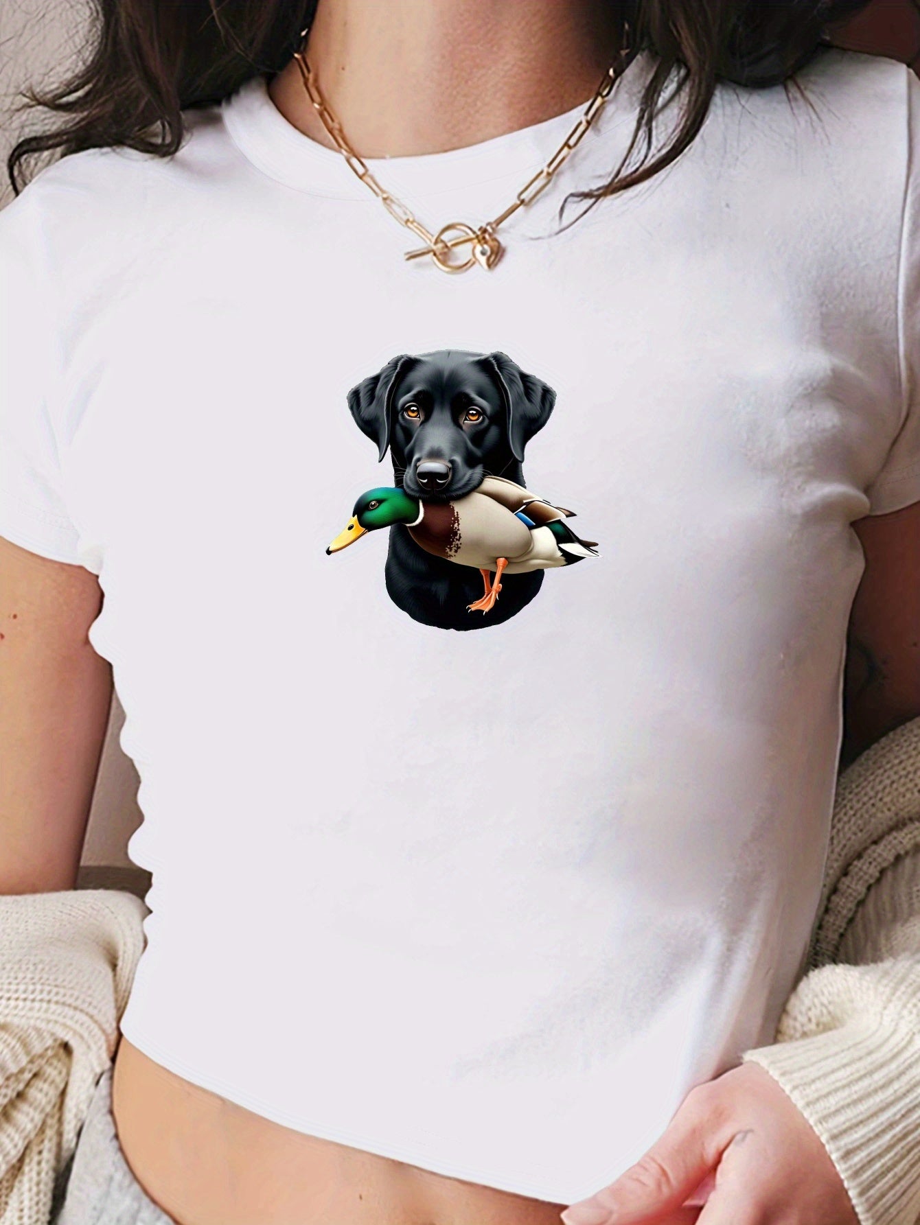 Svart labrador med and, kort t-shirt för dam, 3 färger, S-XXL