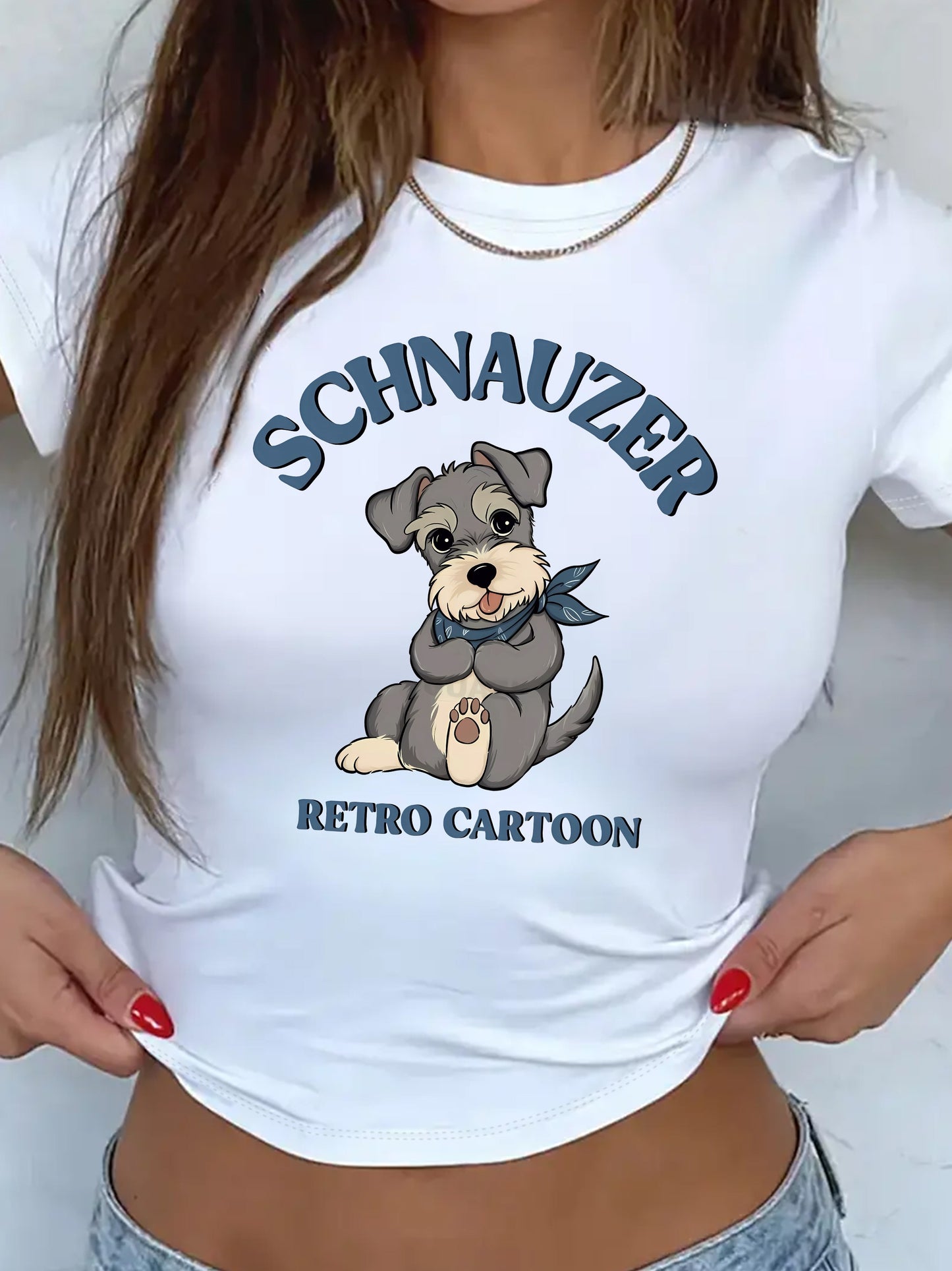 Kortärmad mag T-shirt Y2K-inspirerad livlig tecknad Schnauzer, XS-XXL, Vit