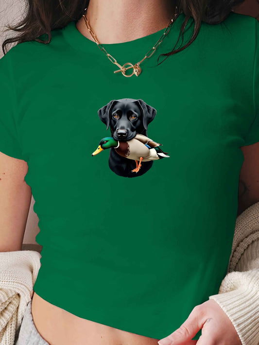 Svart labrador med and, kort t-shirt för dam, 3 färger, S-XXL